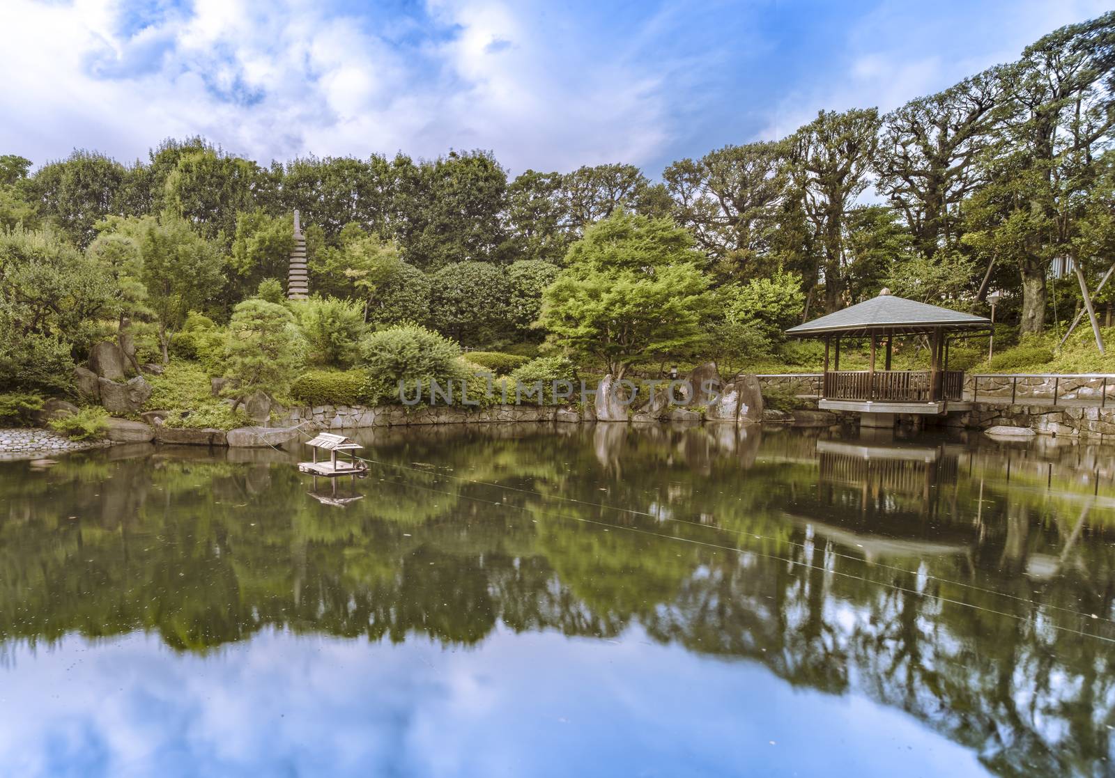 Hexagonal Gazebo Ukimido in the central pond of Mejiro Garden by kuremo