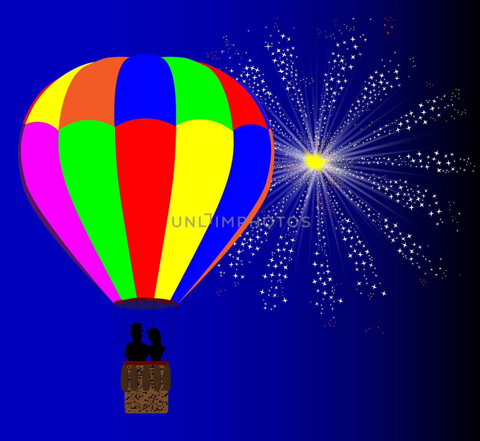 A typical multi coloured hot air balloon floating away with a couple in silhouette in the basket set against a 4th July celebration sky rocket