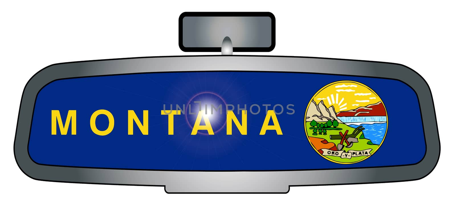 A vehicle rear view mirror with the emblems from the state flag of Montana