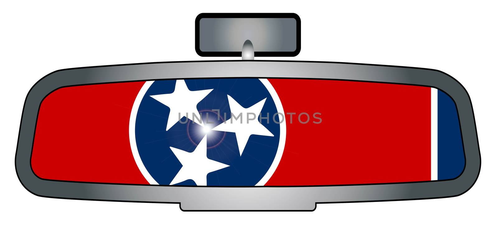 A vehicle rear view mirror with the flag of Tennessee