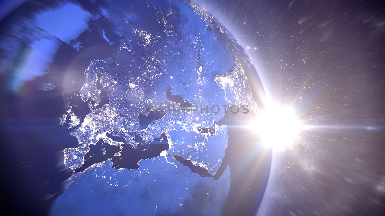 3d illustration of the world with all oceans and continents turning in the space with the shiny cities and sparkling Sun at the horizon and stars. The elements of this image furnished by NASA.