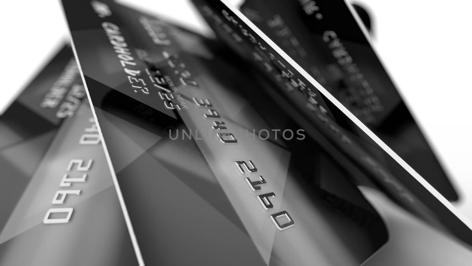 Inspiring 3d illustration of modern credit cards with lines of digits presented aslant in a black and grey palette in the white background.