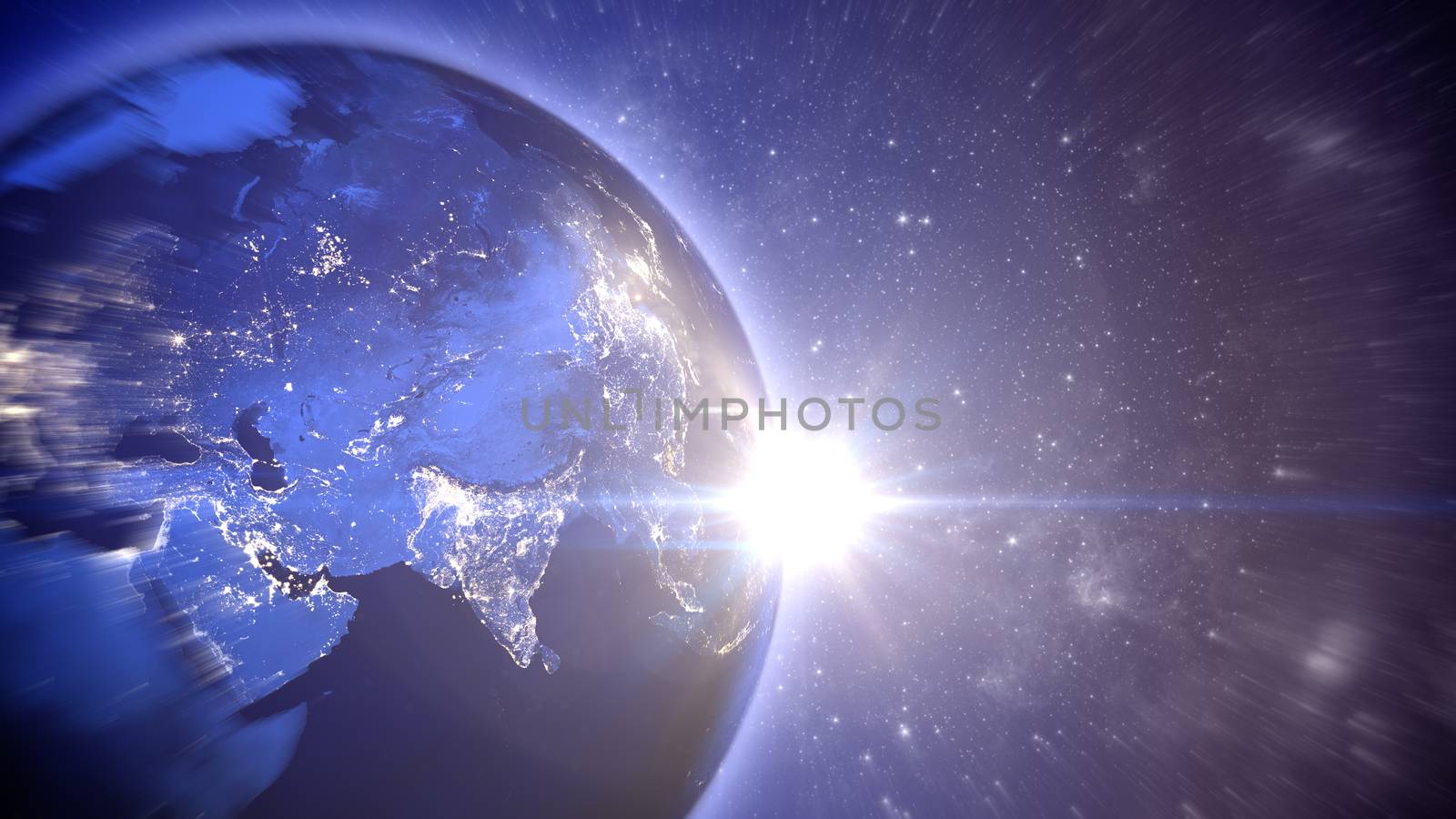 Arty 3d illustration of the globe with all oceans and continents whirling in the space with the luminous Sun at the horizon and vibrant stars. The elements of this image furnished by NASA.