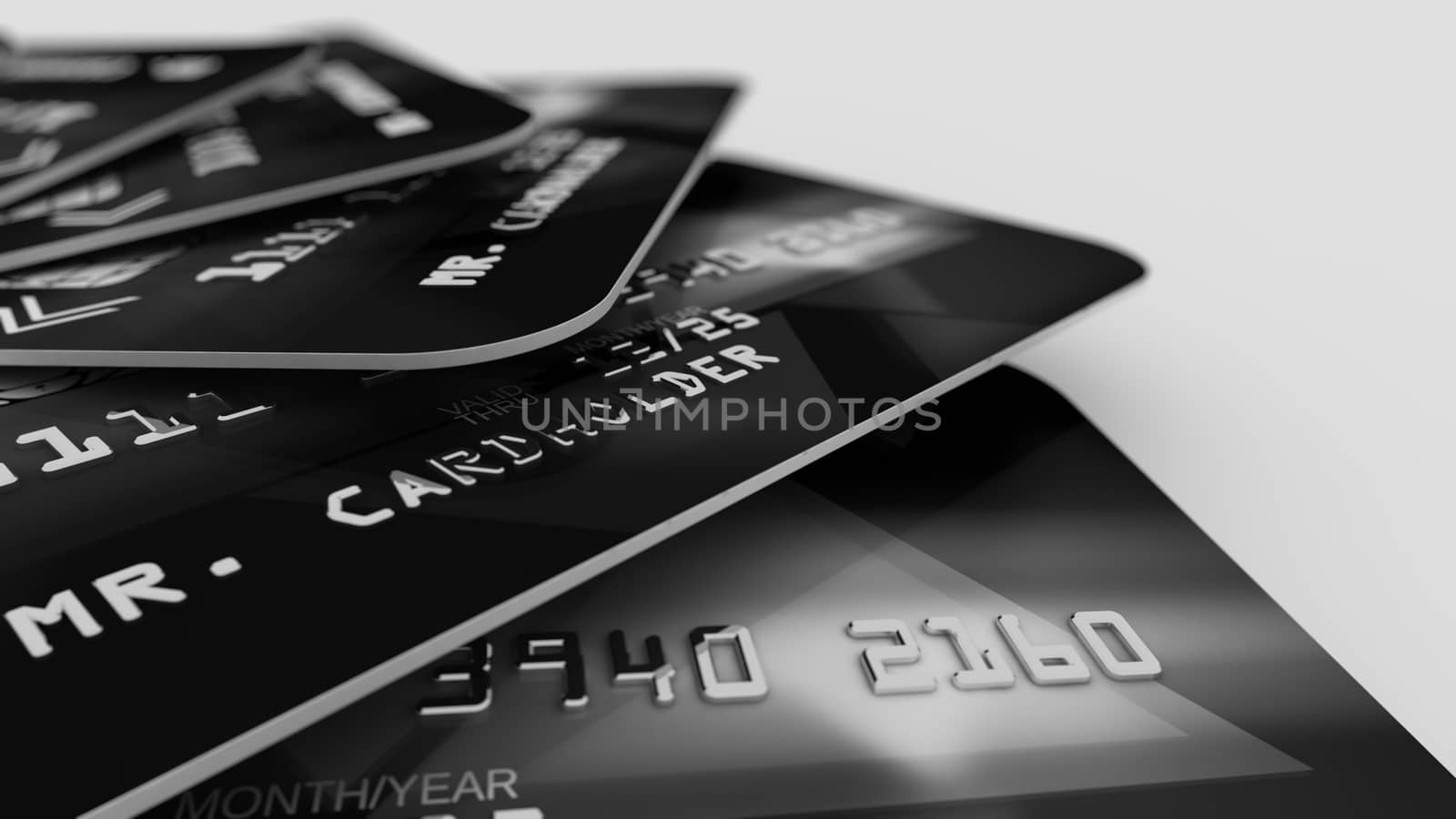 Impressive 3d illustration of many banking credit cards with stripes of digits in a black and grey palette placed aslant like a fan in the white studio.