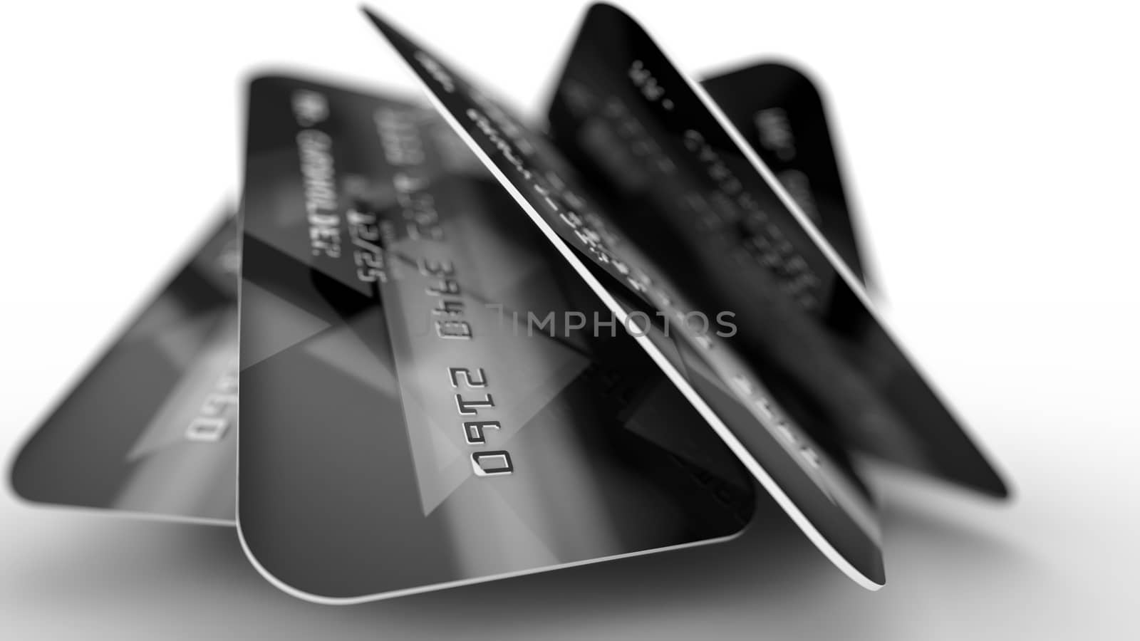 Wonderful 3d illustration of five credit cards with lines of numbers in a black and grey palette located aslant like a fan in the white background.