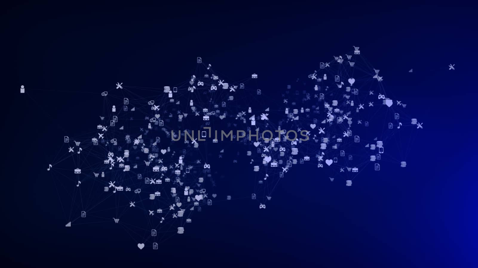 Childish 3d illustration of a plexus of social network symbols and signs including airplanes, hearts, baskets and portfolios in the dark blue background.