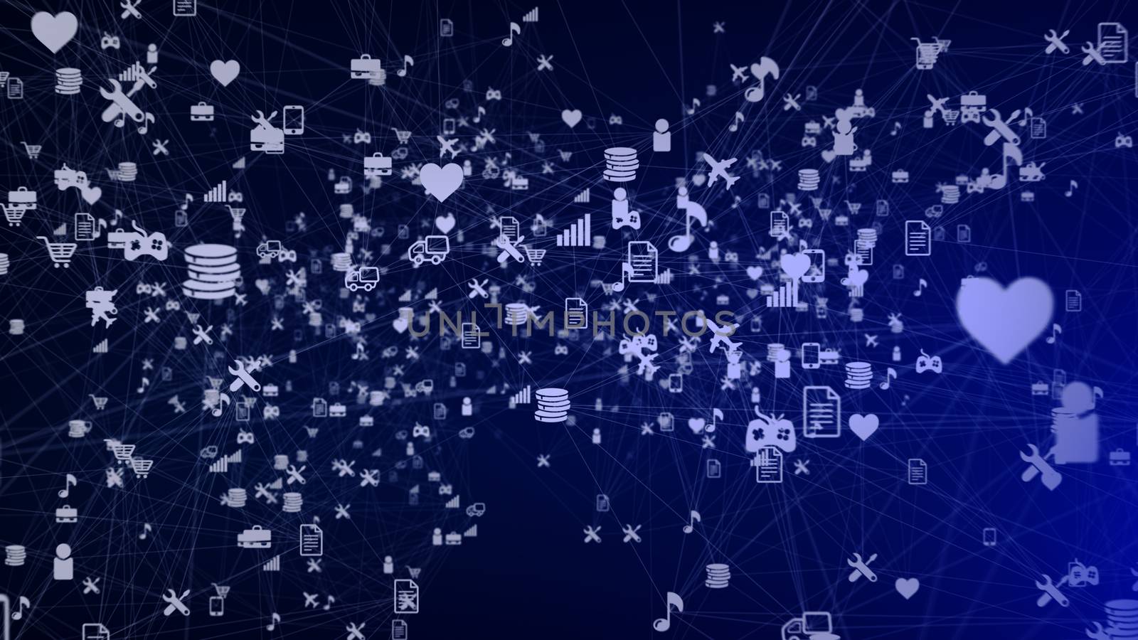 Cheerful 3d illustration of many social network symbols and signs including music, cargo, coins, charts, airplanes, hearts, in the dark blue backdrop.