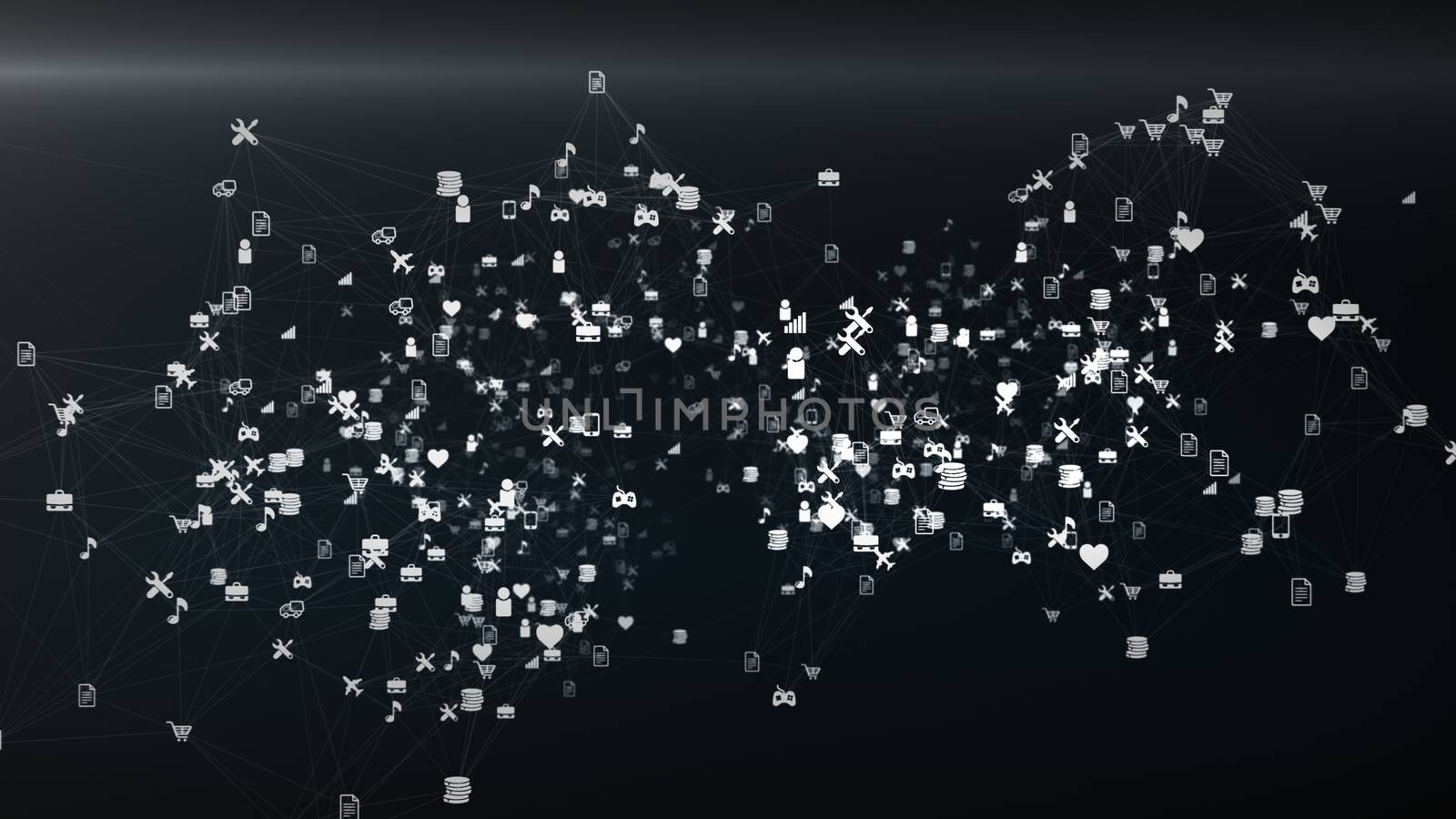 Inspiring 3d illustration of a variety of social network symbols and signs including bar charts, wrenches, hearts, airplanes in the black background.