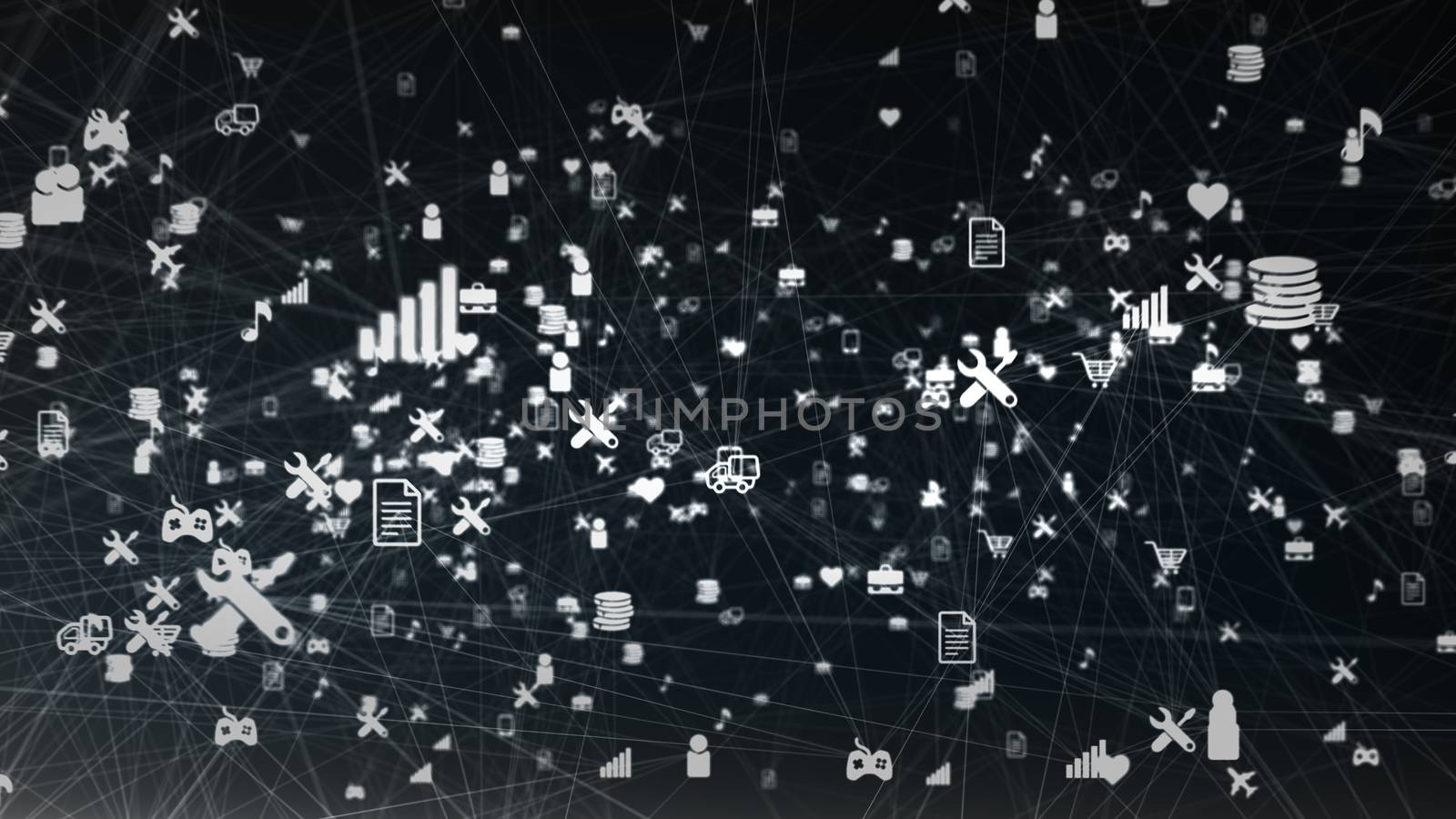 Volumetric 3d illustration of a black cyberspace with many stripes connecting a diversity of social network symbols with texts, trucks and musical notes.