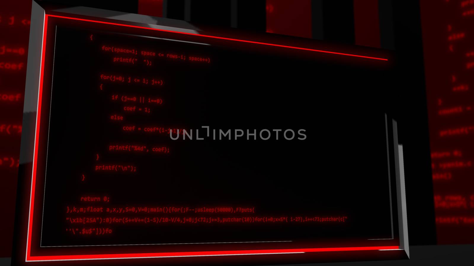 Stunning 3d illustration of a red programming code from signs and numbers shining on rectangular screen placed aslant in black backdrop.