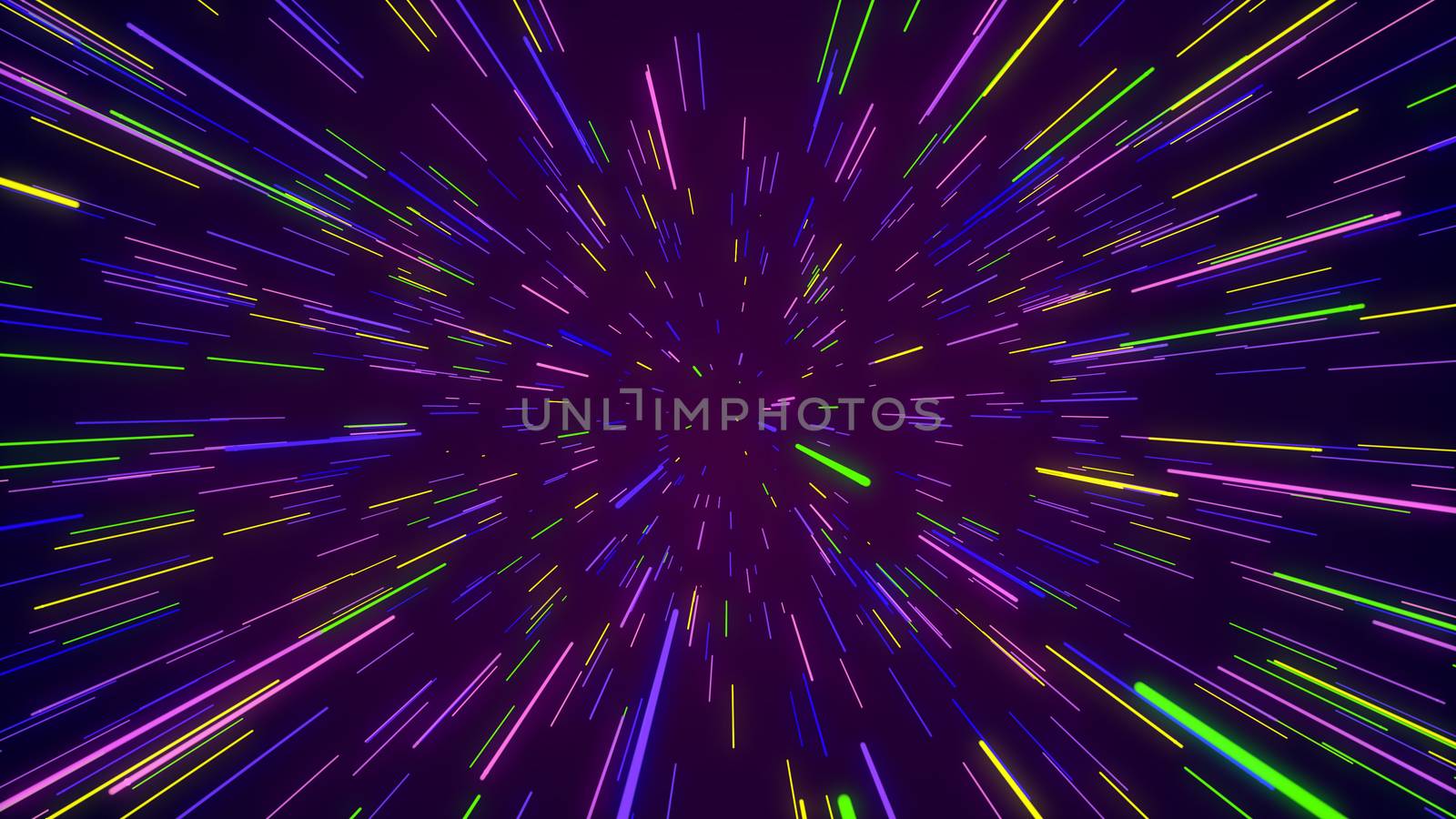 Wonderful 3d illustration of a colorful space portal from straight lines looking like sun rays sparkling cheerfully in the violet background