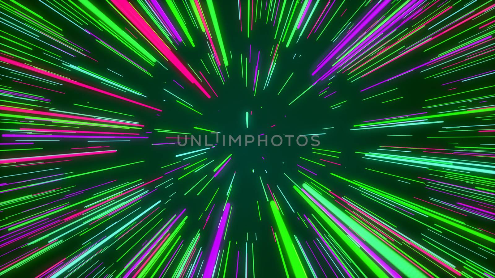 Optimistic 3d illustration of a rainbow cosmos tunnel from colorful straight stripes looking like sun rays shining joyfully in the marine cyberspace.