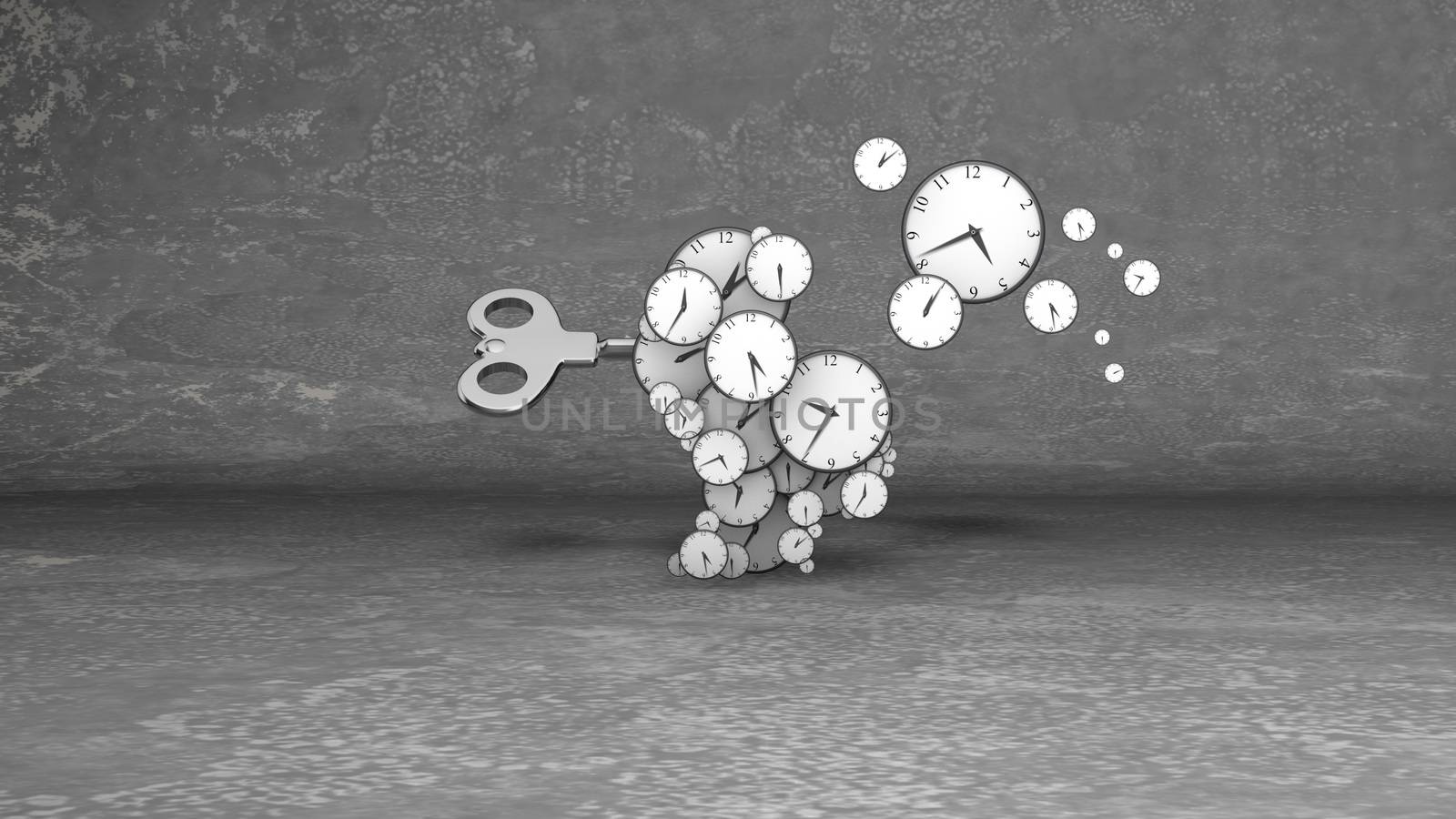 Pop art 3d illustration of blow your mind clock dials of different sizes with revolting hour and minute arrows in the grey backdrop. Several fly nearby.