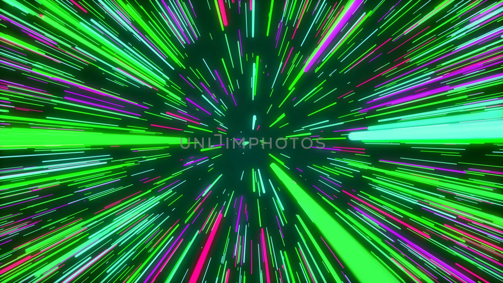 Childish 3d illustration of a multicolored cyber Universe portal from rainbow straight stripes looking like sun rays beaming cheery in the marine space.
