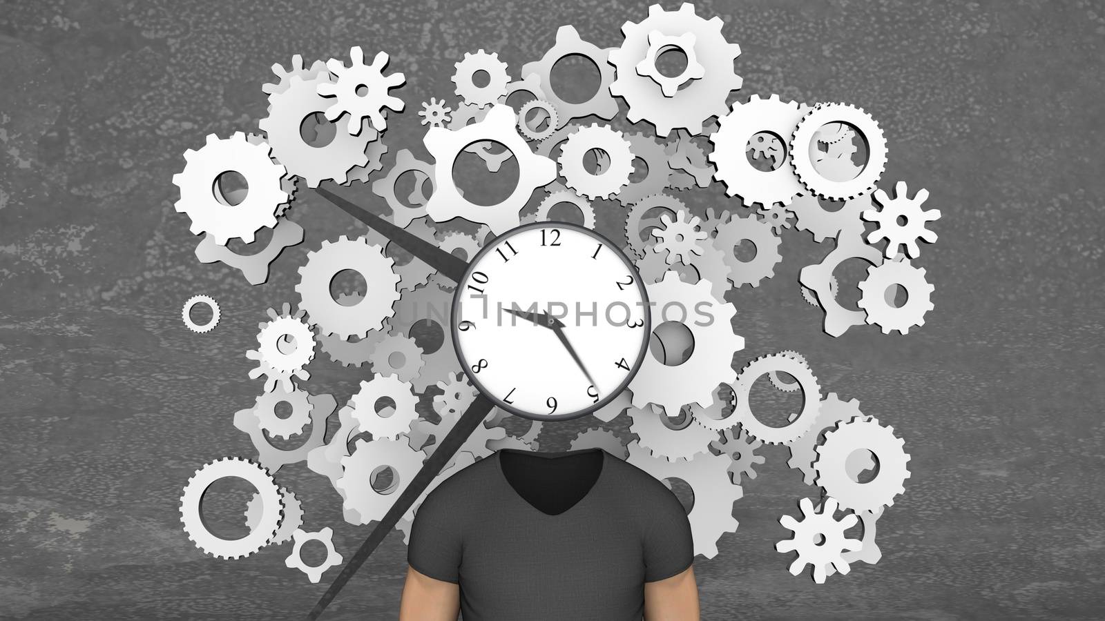 Original 3d illustration of blow your mind clock imposed on many cogwheels and a headless man in T-shirt standing under its dial in the grey backdrop. 