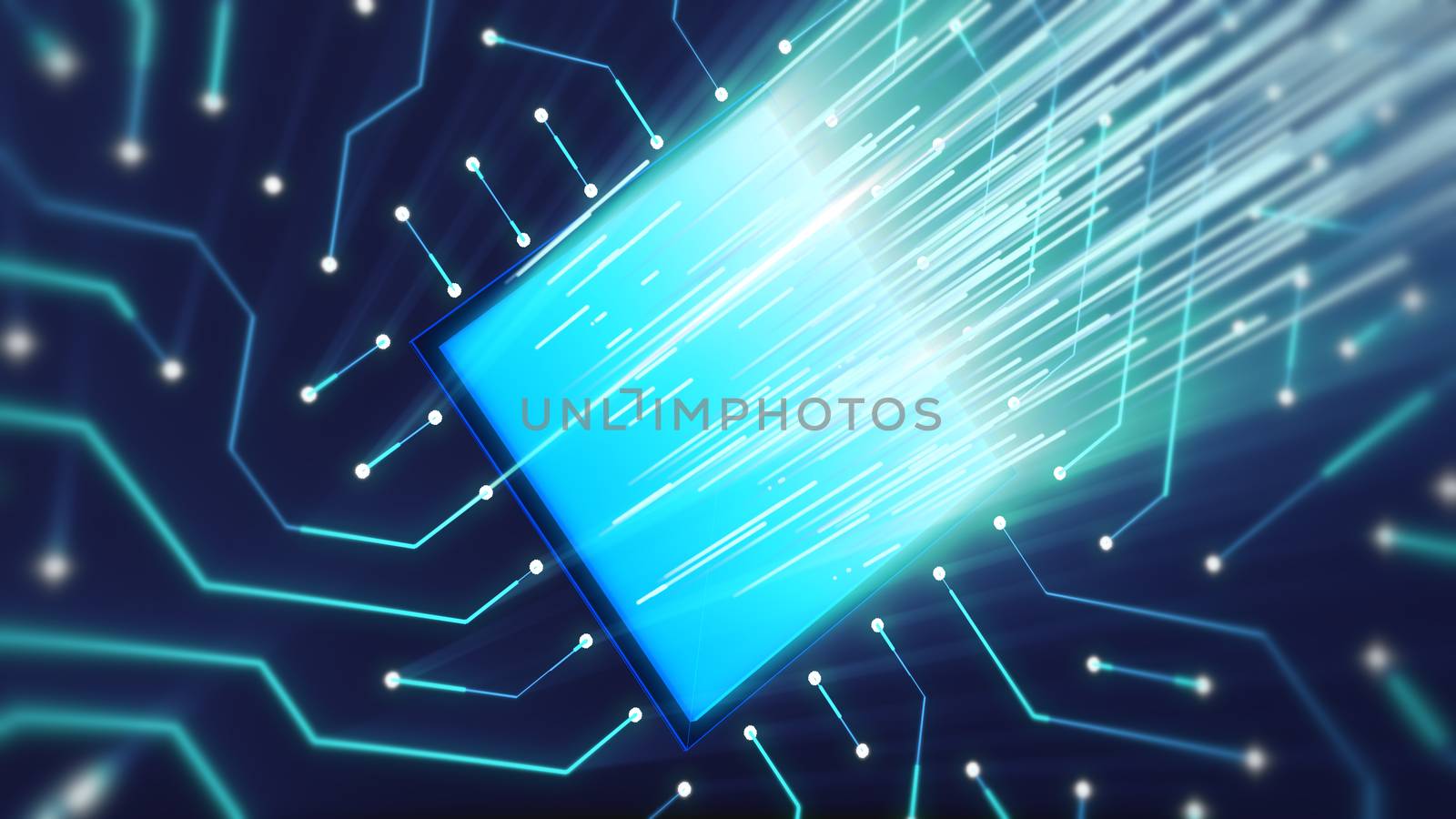 Optical art 3d illustration of a placed aside square blue microchip with pulsing white rays. It is located aslant on the board with crisscross electronic lines.