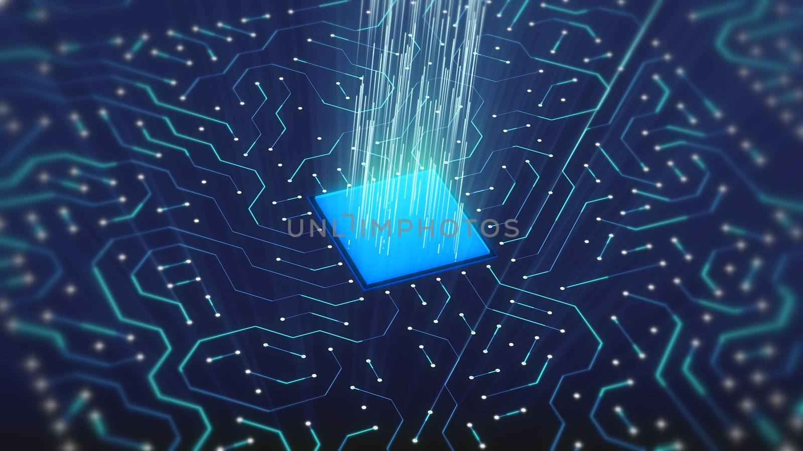 Striking 3d illustration of many lines of square blue microchips with pulsing white rays. They are put aslant on the board with crisscross electronic lines.