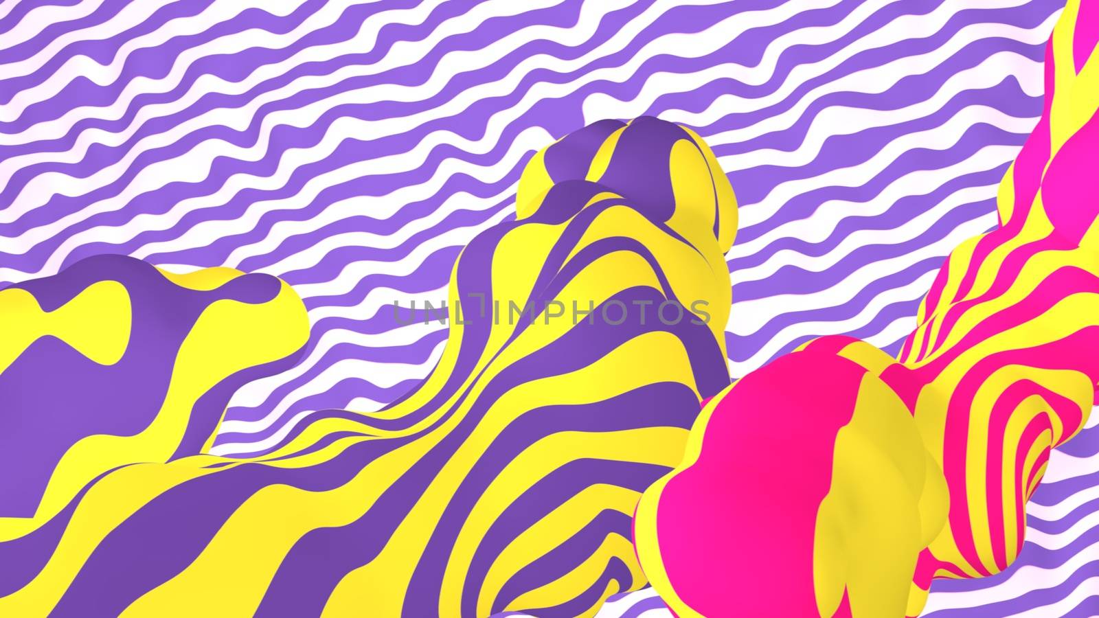 Enigmatic opt art 3d illustration of waving violet and white surface with an ogre looking creature camouflaging under yellow, rosy and violet waves.
