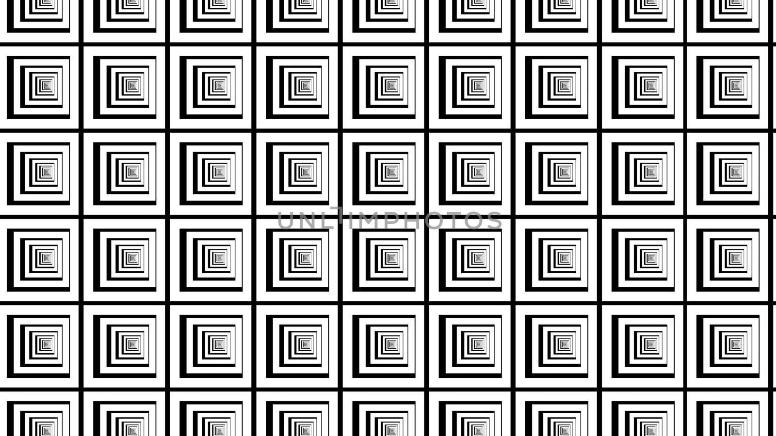 Artistic 3d illustration of straight white and black squares looking like rows of equal labyrinths. They look arty, psychedelic and cheerful.