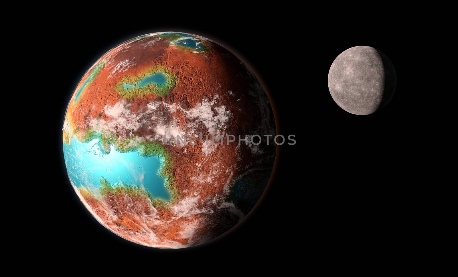 Extrasolar planets with moon. 3D illustration render.