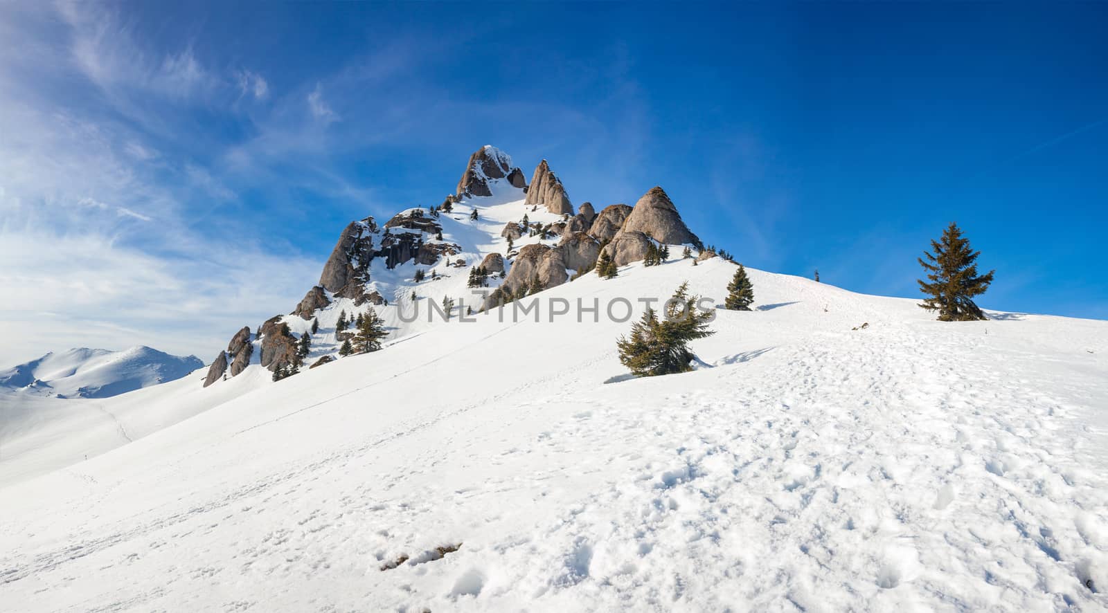 Panoramic view of Mount Ciucas peak at a sunset on winter, part of Romanian Carpathian Range