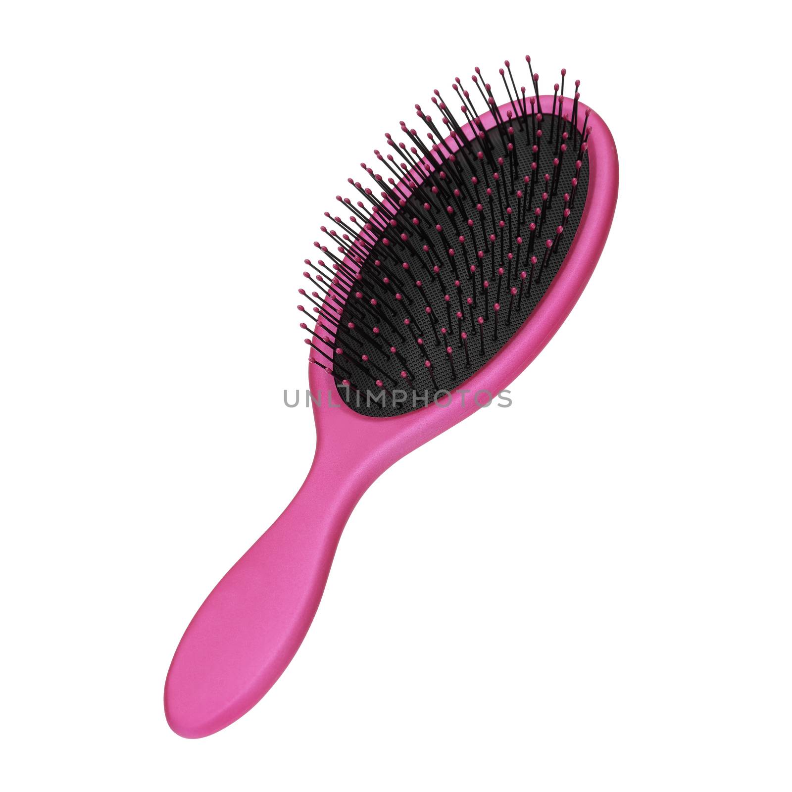 Pink and black hair brush on white background