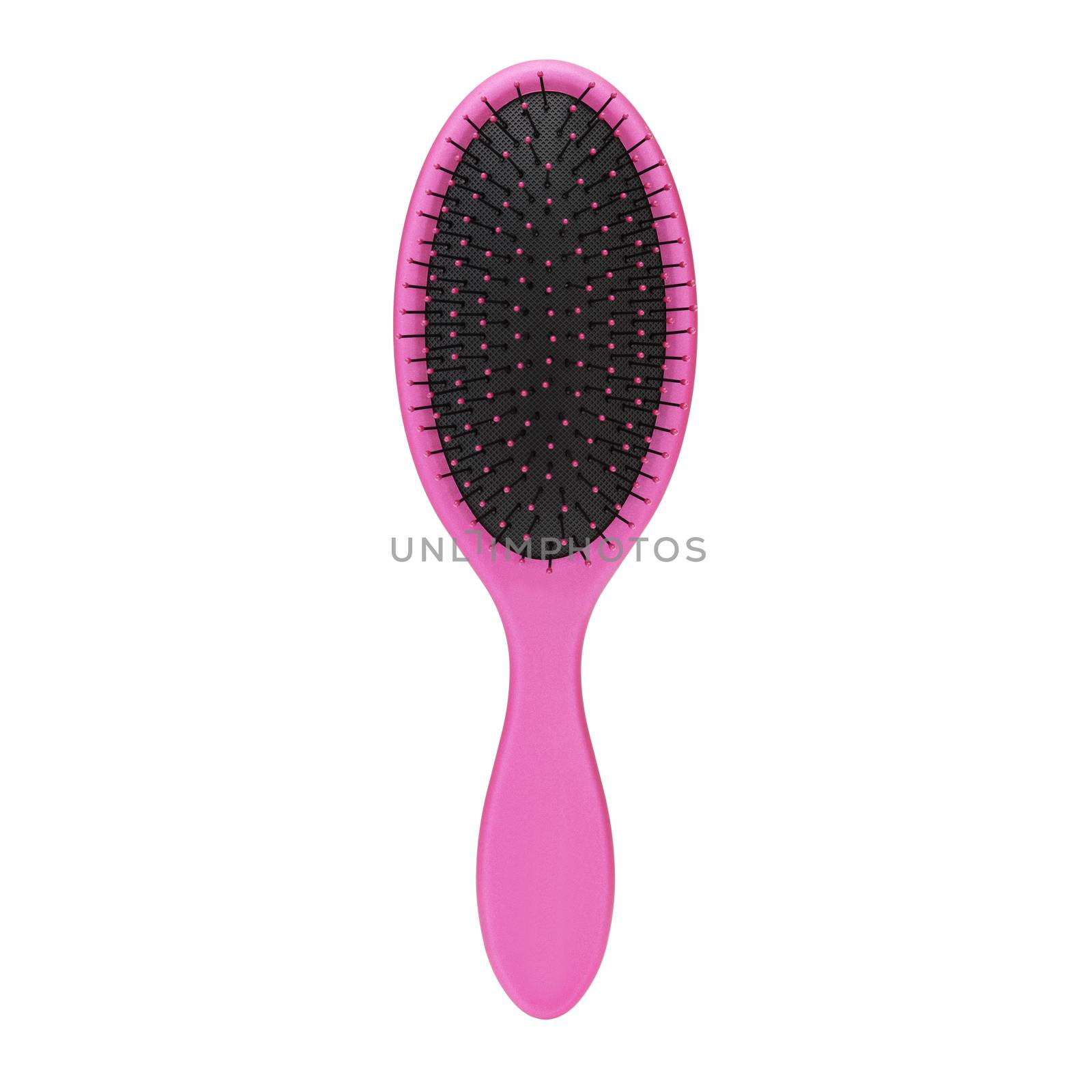 Pink and black hair brush on white background