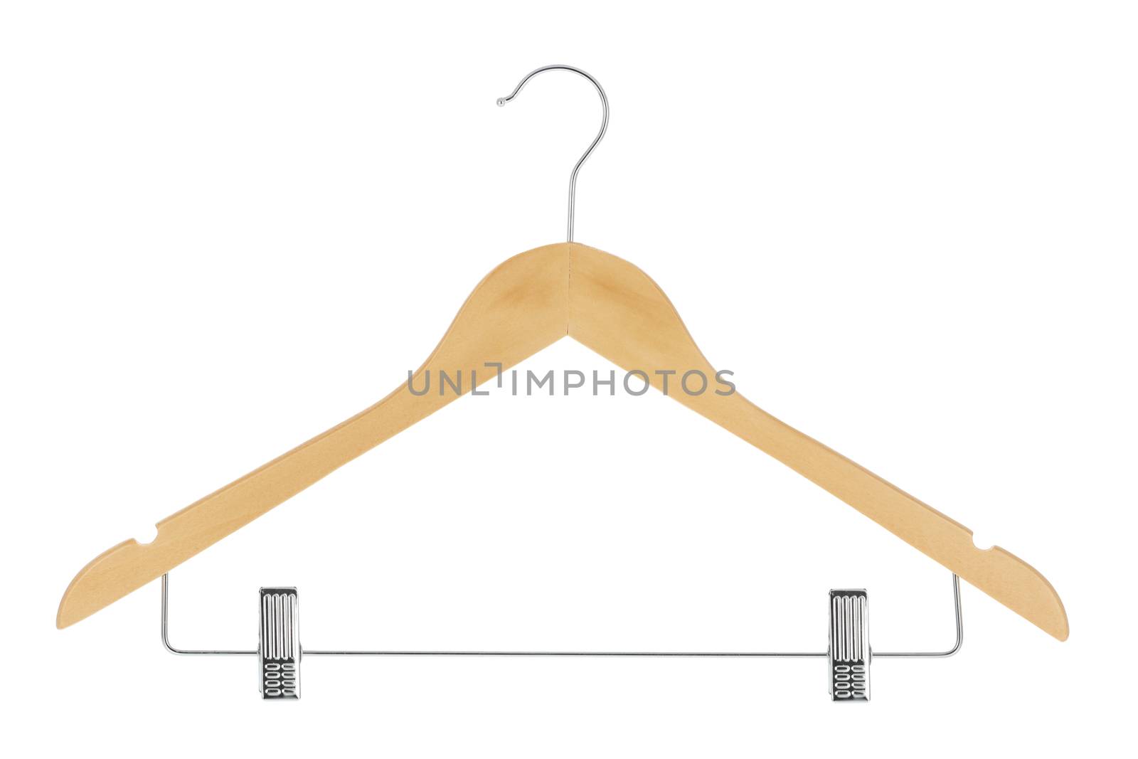 Wood clothes hanger with metal pants / skirt hanger isolated on a white background