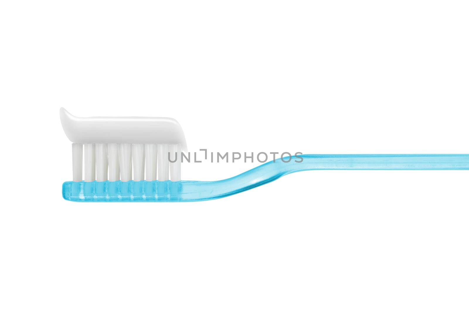 white toothpaste on blue toothbrush isolated isolated on white with clipping path