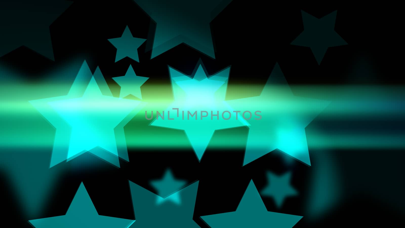 Star-shaped bokeh with glow and glitter on the black background. Holiday or business or vacation backdrop. 2d illustration.