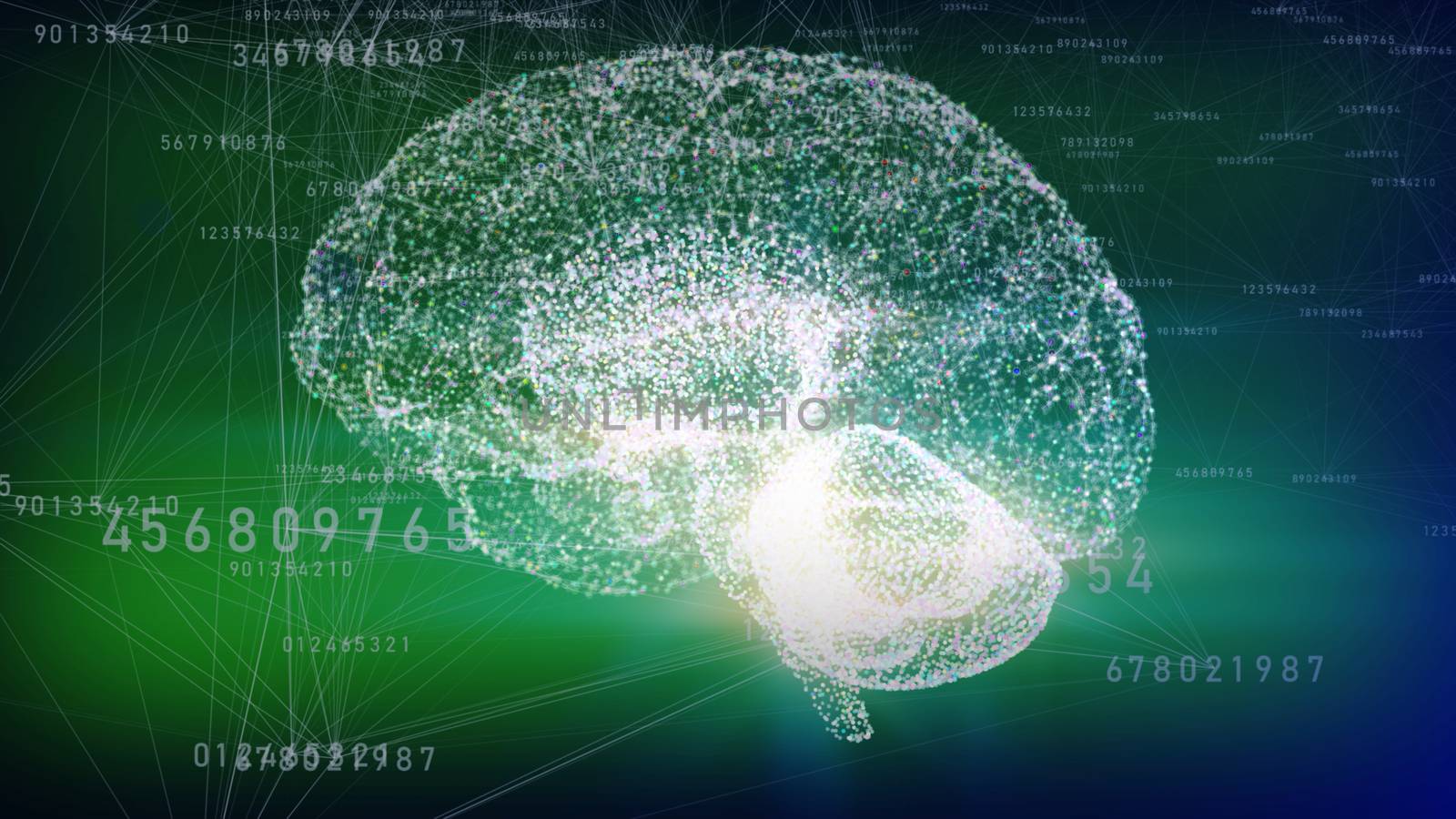 3d illustration of hologram human brain  side view on a green background. Artificial Intelligence concept. 