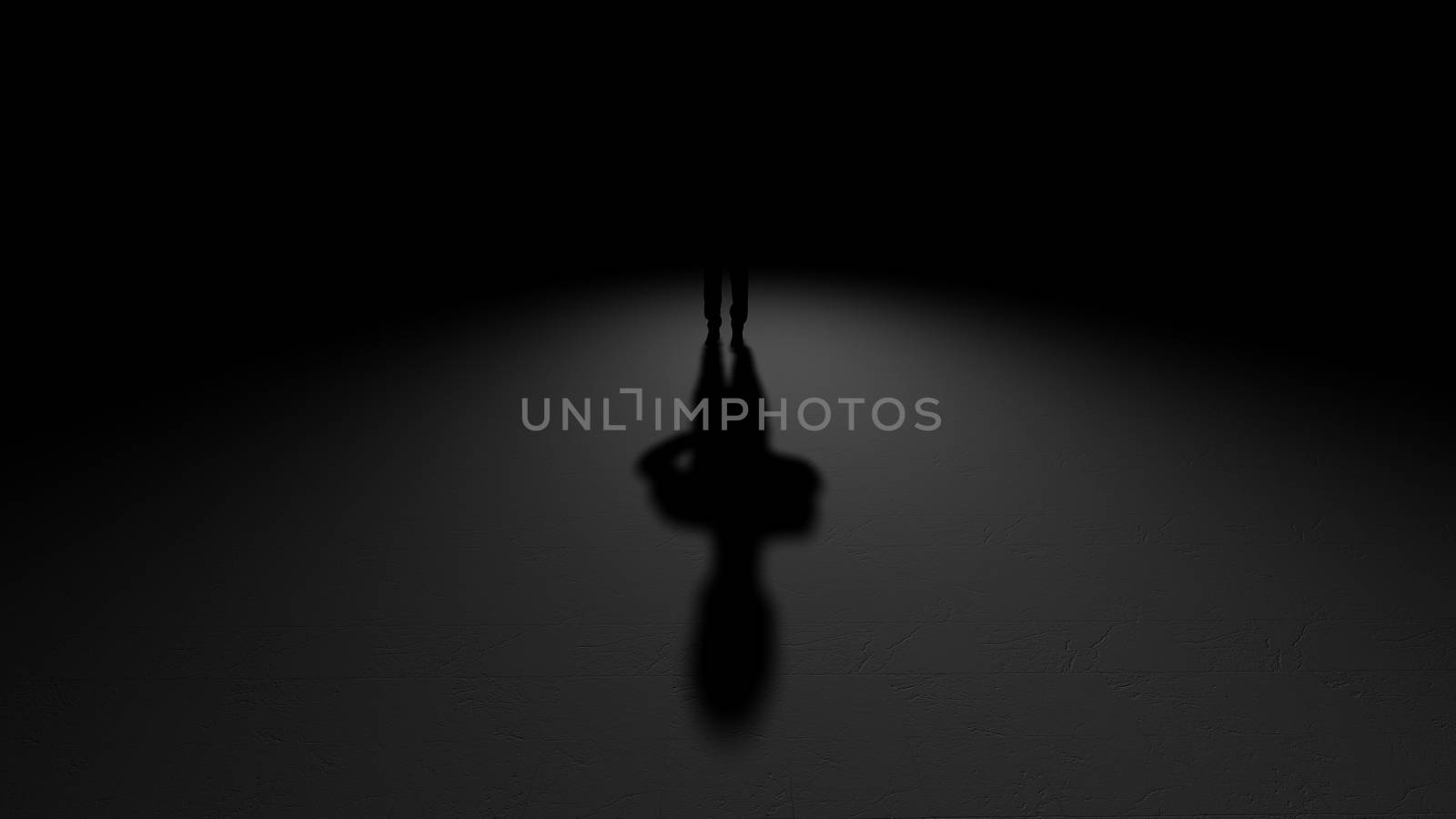 A business man shadow on a concrete floor. Symbol of a mystery or a big business or some illigal acts. 3d illustration.