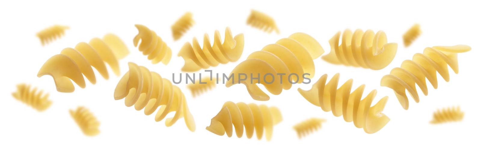 Italian pasta levitating on a white background.