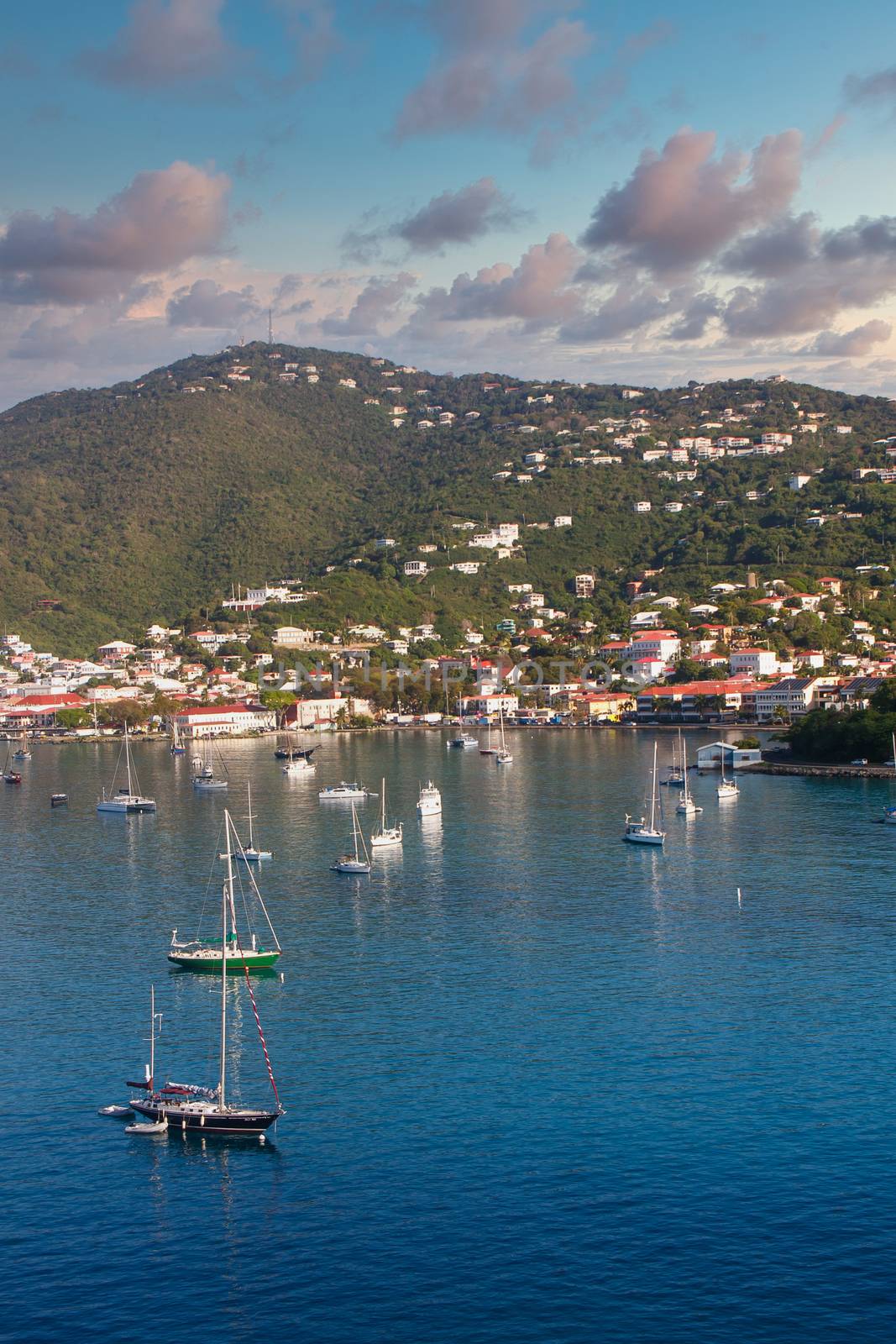 Blue and Green Sailboats on Blue Bay at Dusk by dbvirago