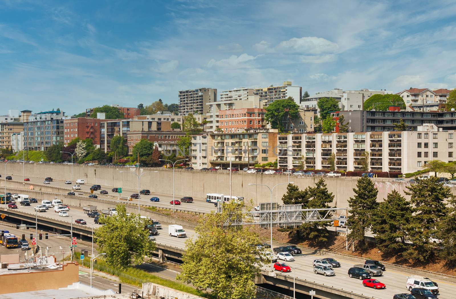 Old Alaska Way Viaduct Past Seattle Buildings by dbvirago