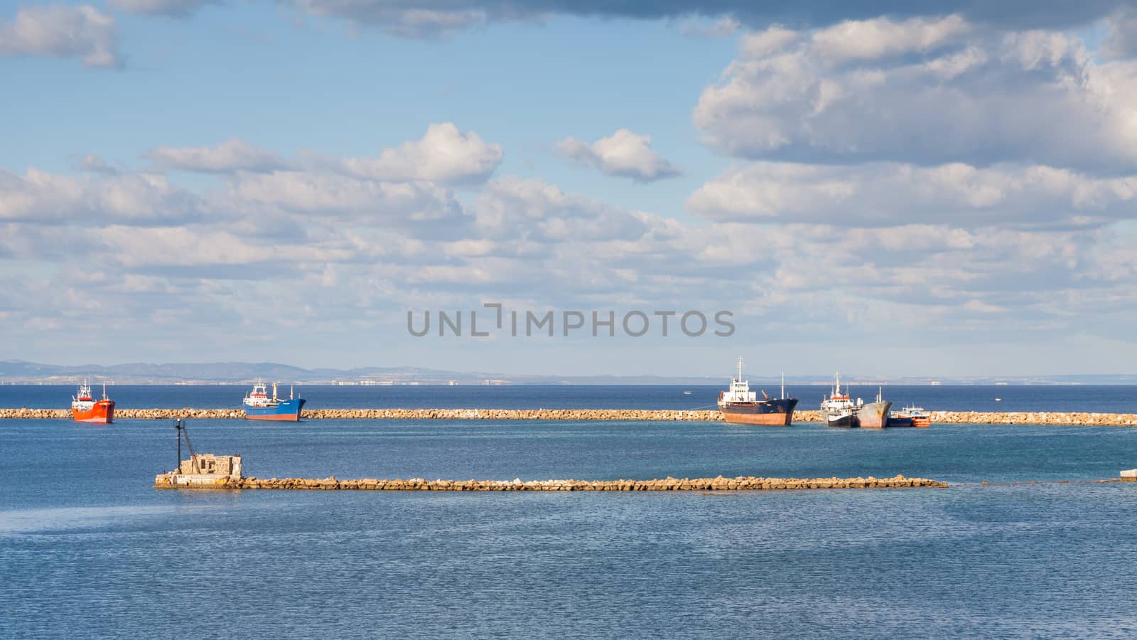 The view from the Famagusta waterfront, in northern Cyprus, across the wave breaker towards the Mediterranean Sea.