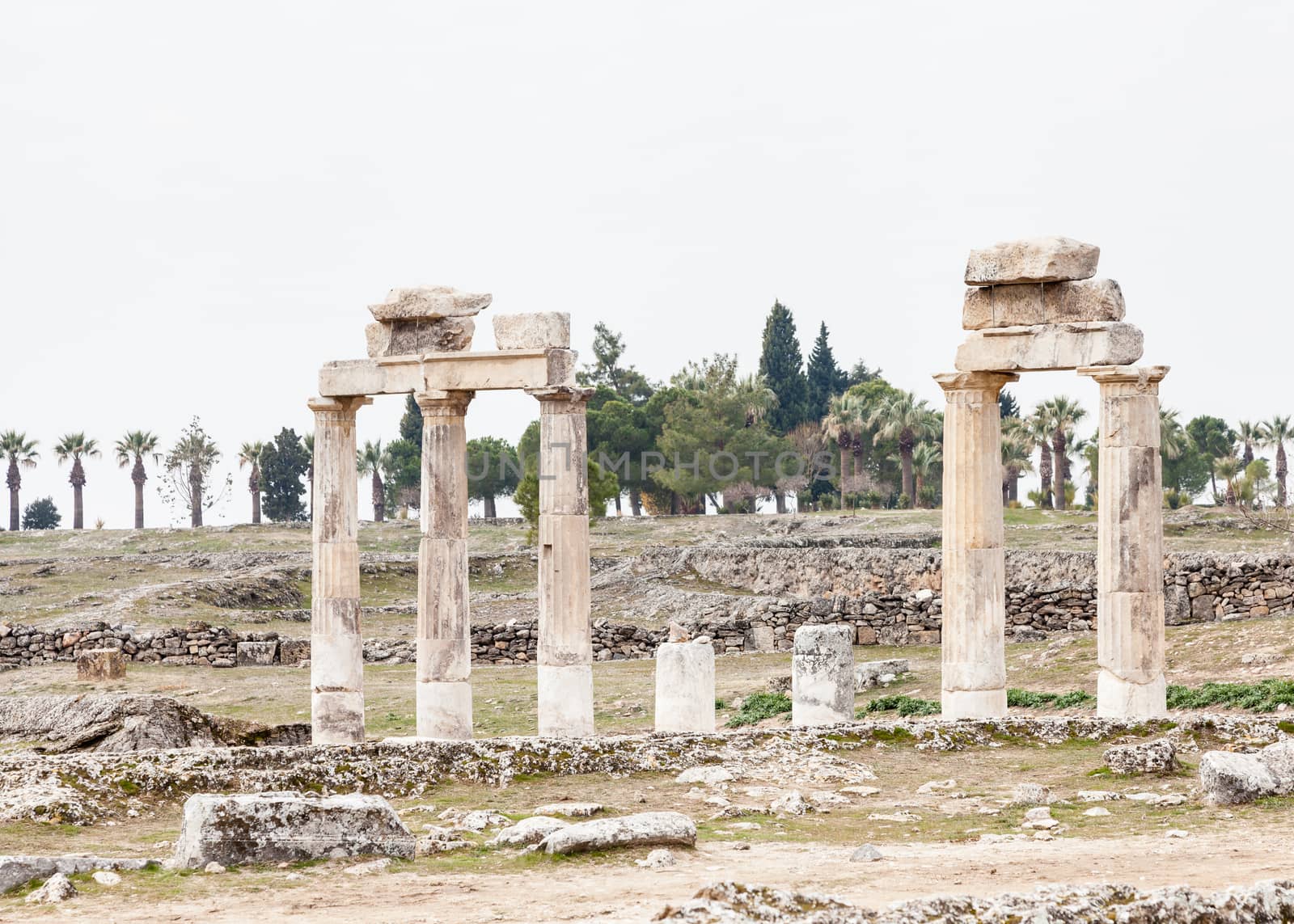 The ruins of the ancient city of Hierapolis is located adjacent to the hot springs of Pamukkale in Turkey.  The site is a UNESCO world heritage site.