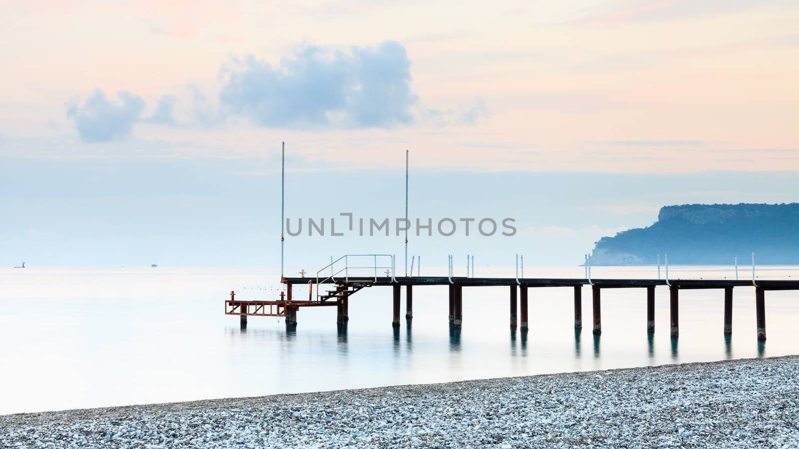 A view across Kemer beach on the Southern Turkish coast at dusk.