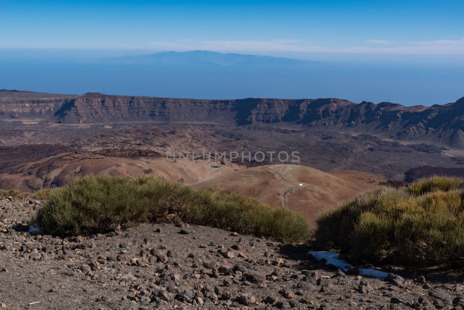 View from Teide то Las Canadas Caldera volcano with solidified lava and Montana Blanca mount. Teide national Park, Tenerife, Canary Islands, Spain. Panorama