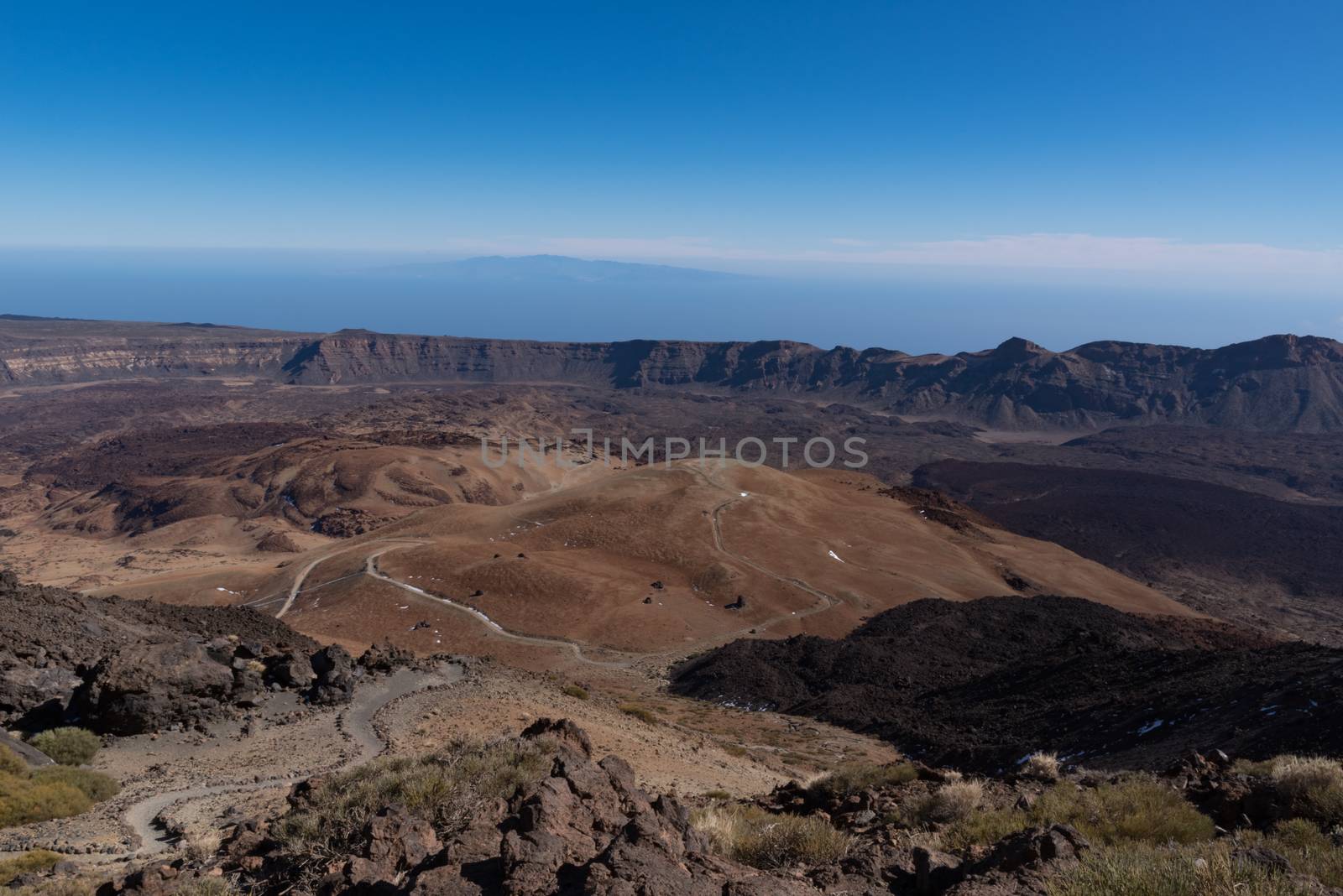 View from Teide то Las Canadas Caldera volcano with solidified lava and Montana Blanca mount. Teide national Park, Tenerife, Canary Islands, Spain. Panorama