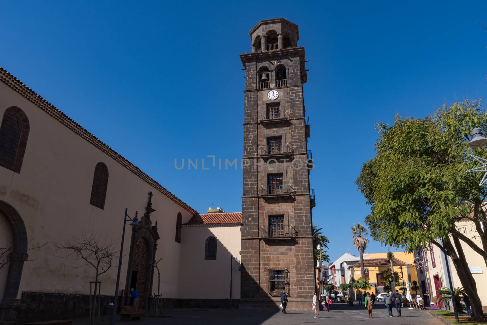 San Cristobal de La Laguna, Spain - January 16, 2020:  Belfry of Iglesia La Concepcion in San Cristobal de La Laguna. Canary Islands