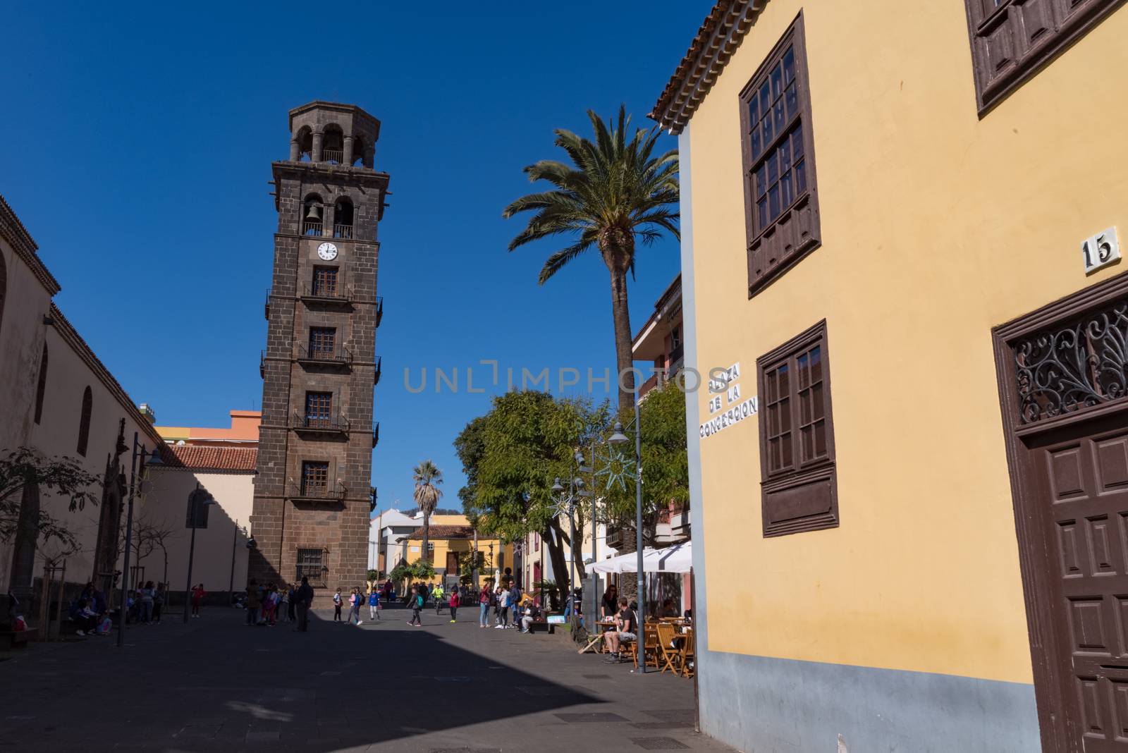 San Cristobal de La Laguna, Spain - January 16, 2020:  Belfry of Iglesia La Concepcion in San Cristobal de La Laguna. Canary Islands