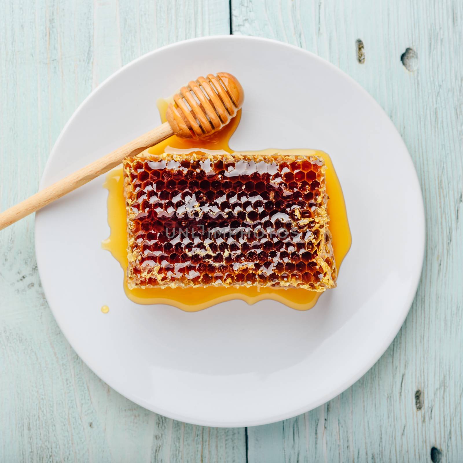 Honeycomb on white plate with honey dipper by Seva_blsv