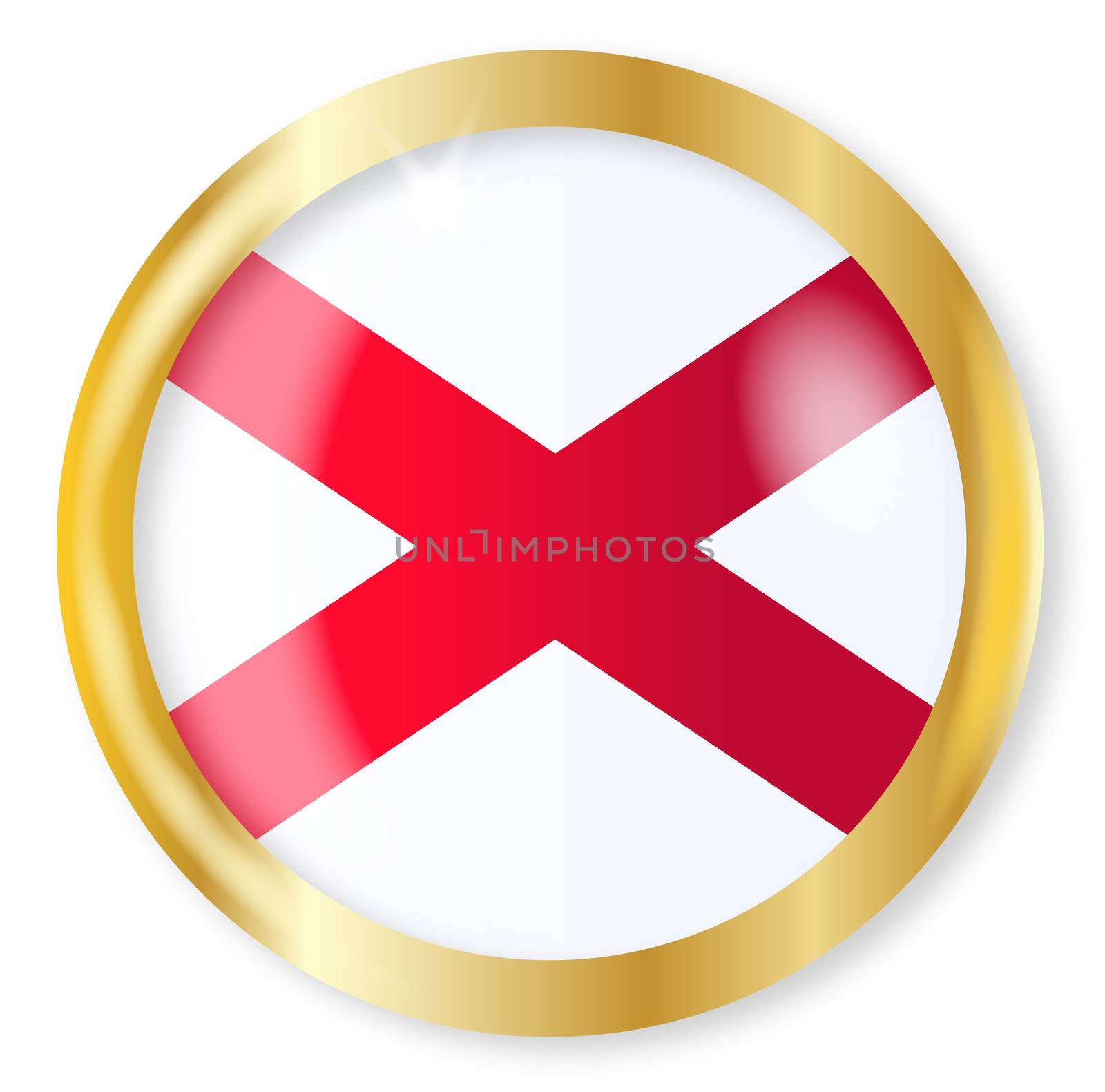 Alabama state flag button with a gold metal circular border over a white background