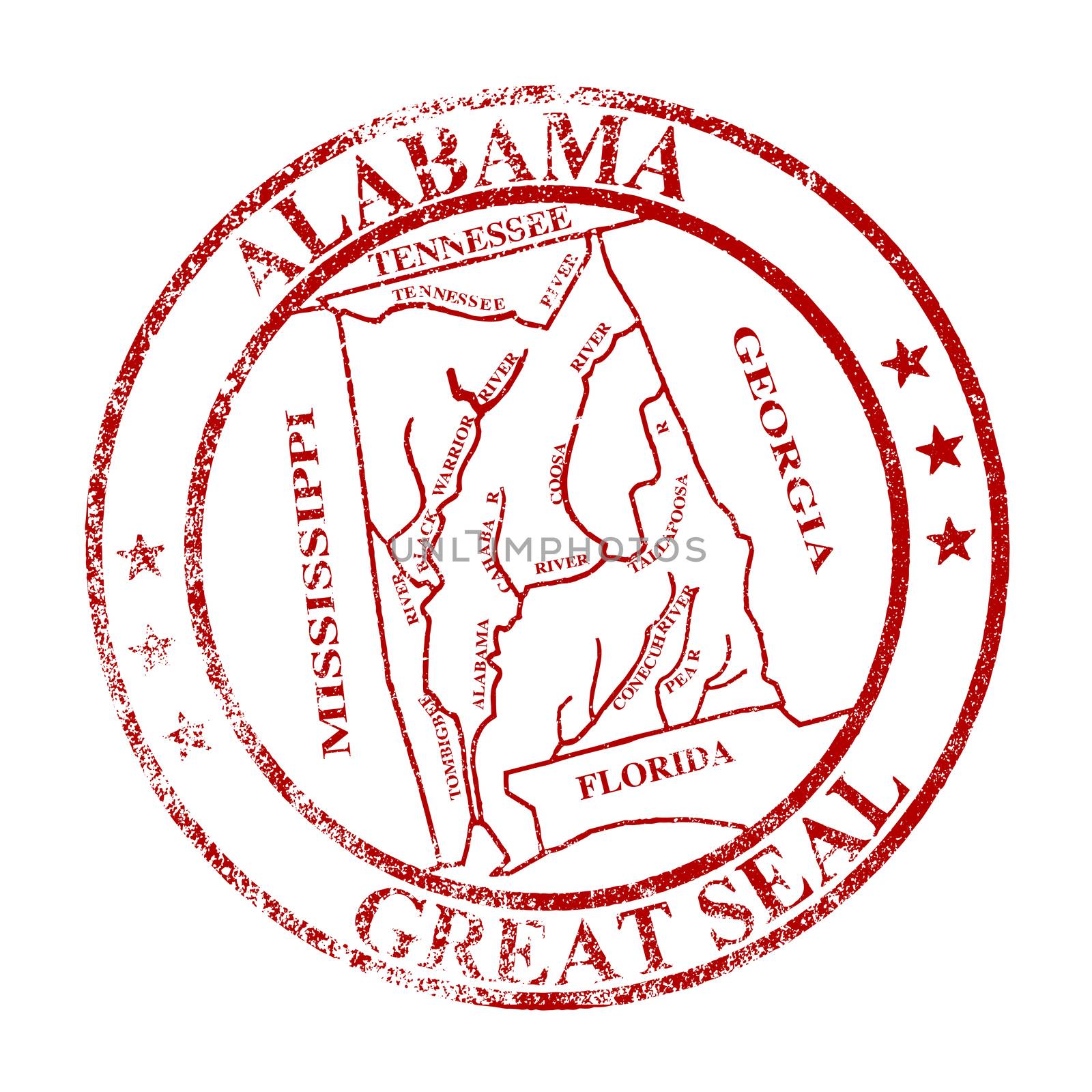 The great seal of Alabama rubber stamp isolated on a white background