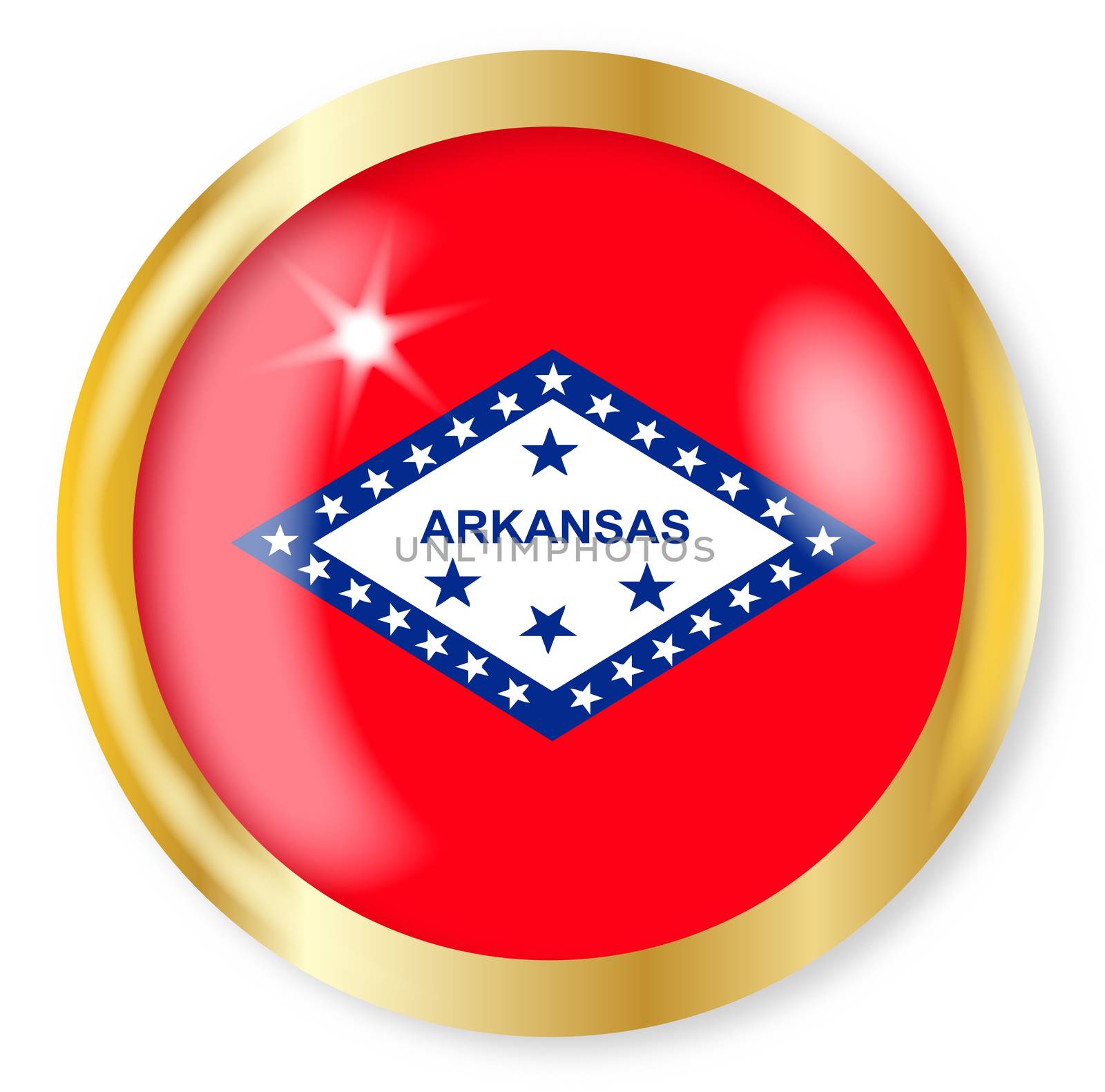 Arkansas state flag button with a gold metal circular border over a white background