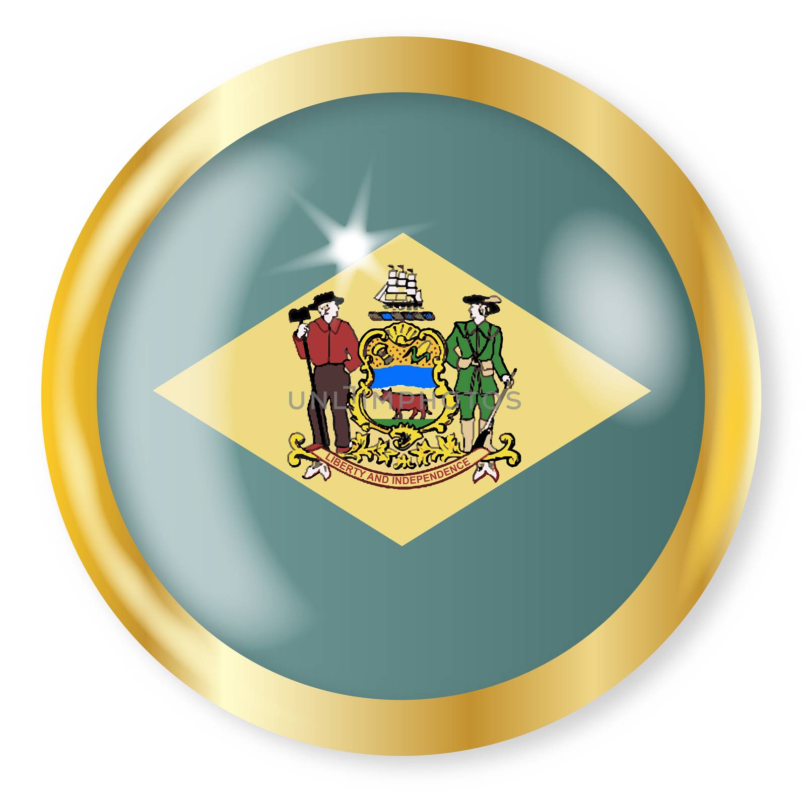 Delaware state flag button with a gold metal circular border over a white background
