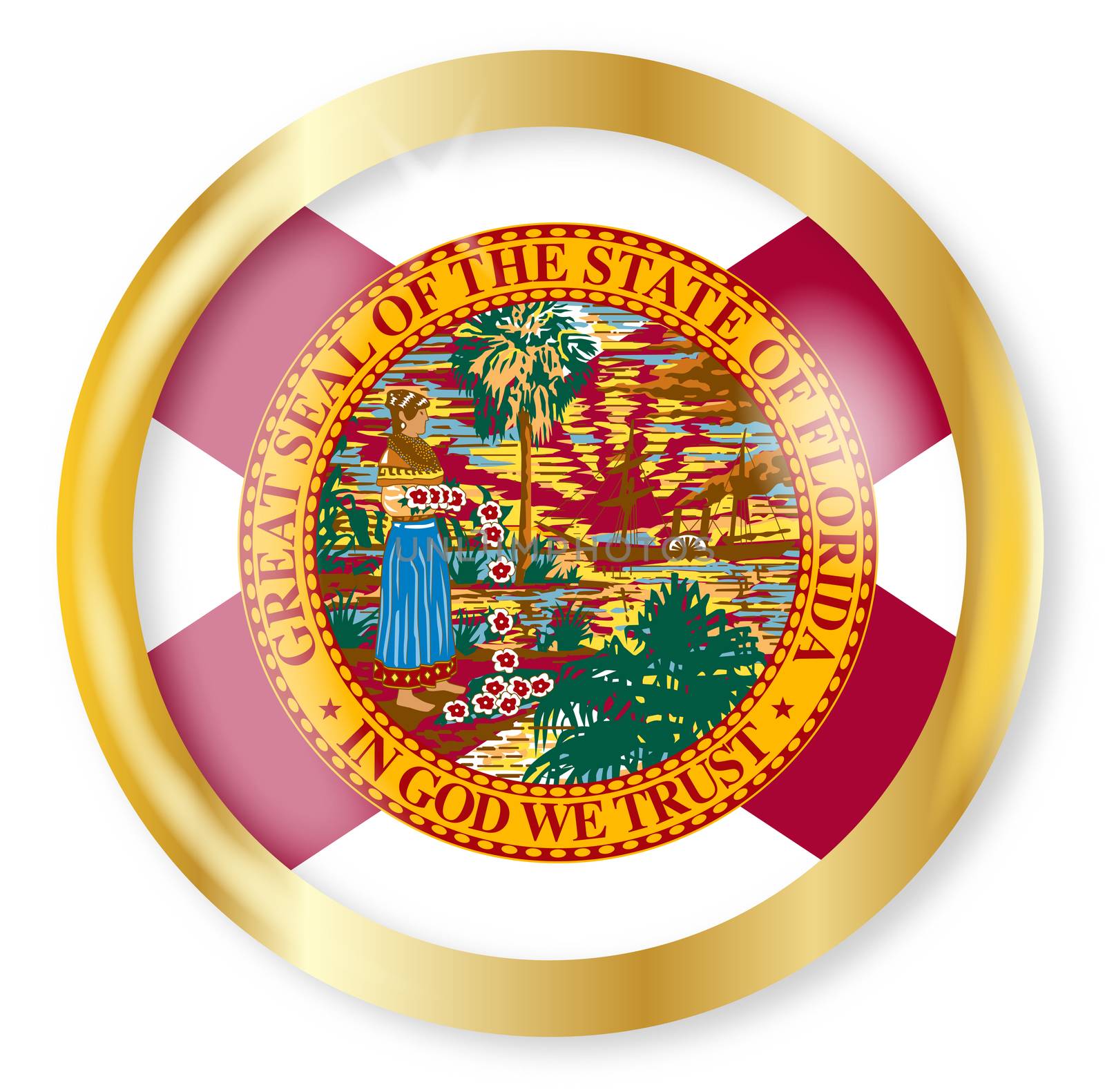 Florida state flag button with a gold metal circular border over a white background