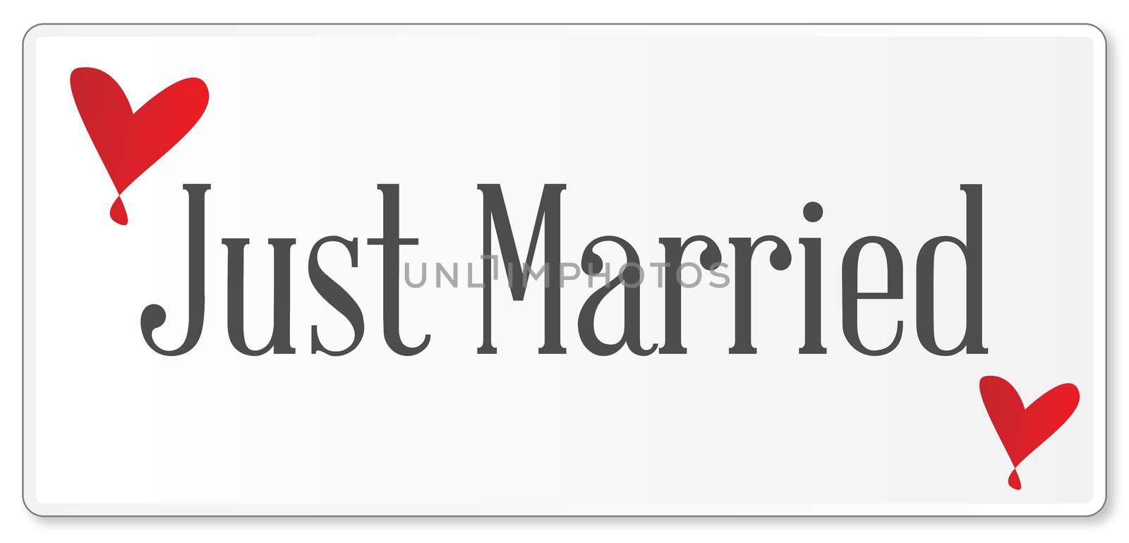 A just married plaque in white over a white background with love cartoon hearts