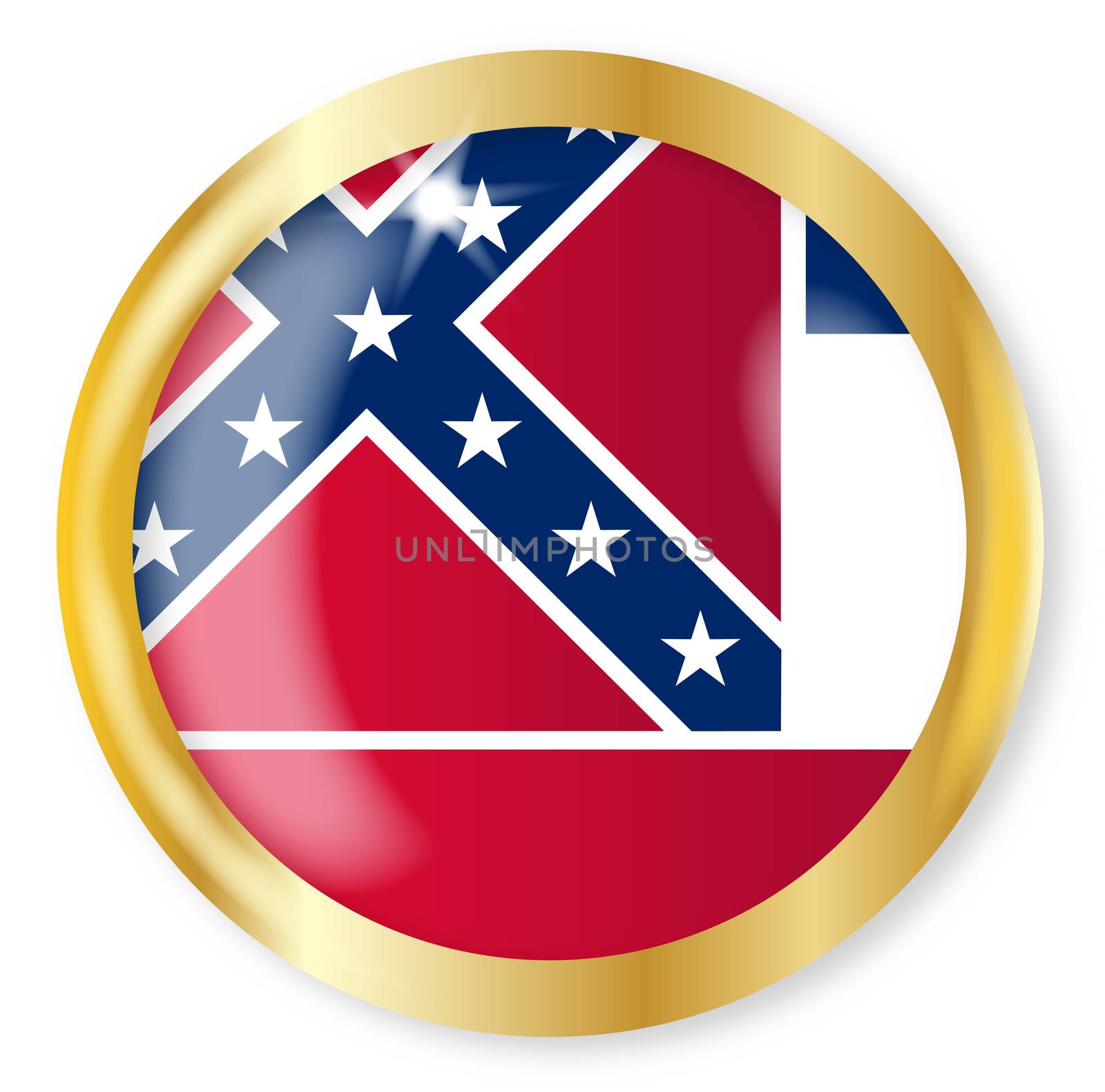 Mississippi state flag button with a gold metal circular border over a white background